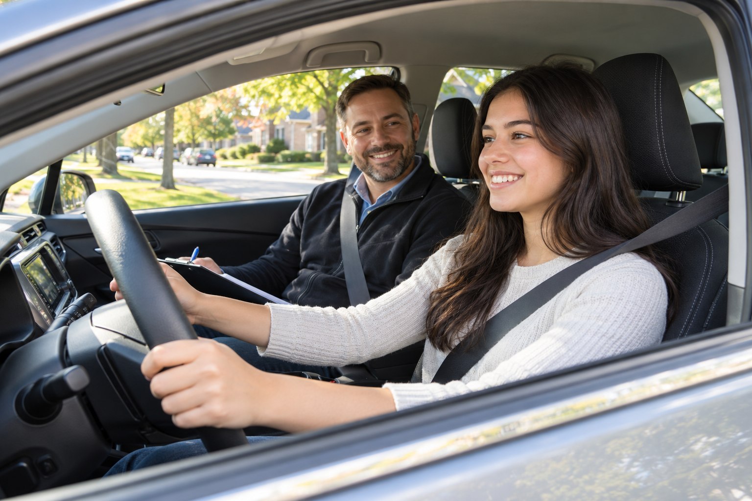Learner driver and instructor seated in a car